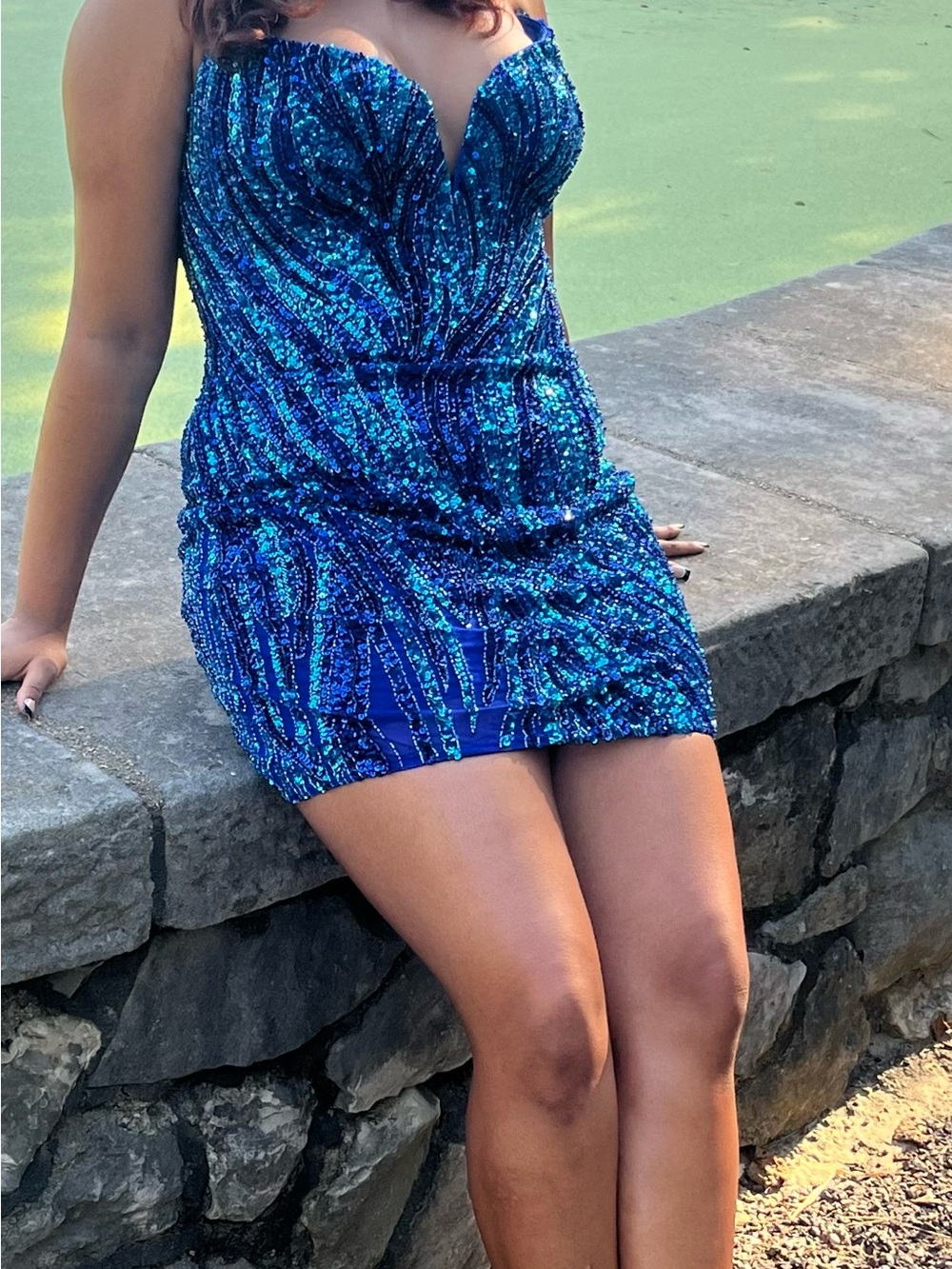Sequin Sweetheart Mini Prom Dress in Deep Blue